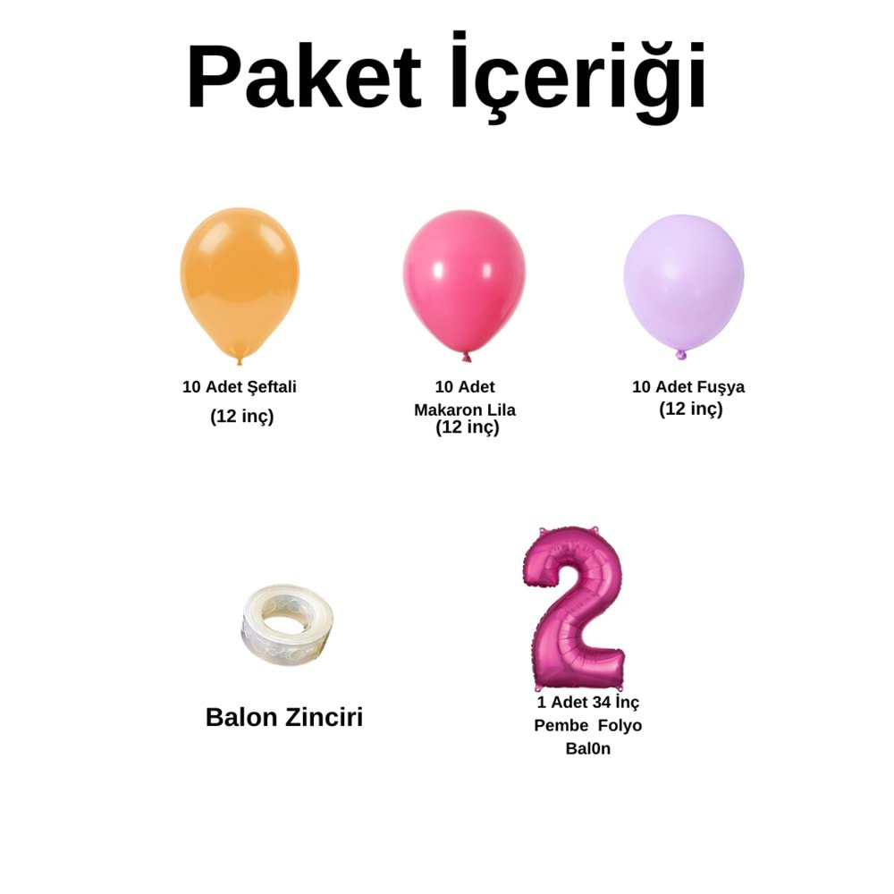 2 Yaş Doğum Günü Seti Şeftali-Fuşya-Makaron Lila 30 lu (Pembe)