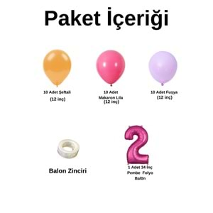 2 Yaş Doğum Günü Seti Şeftali-Fuşya-Makaron Lila 30 lu (Pembe)