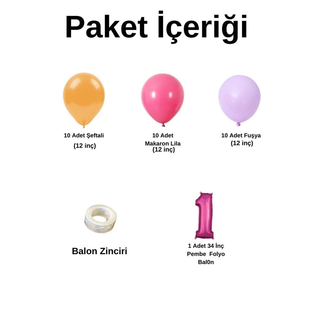 1 Yaş Doğum Günü Seti Şeftali-Fuşya-Makaron Lila 30 lu (Pembe)