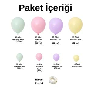 Zincir Balon Seti Makaron Yeşil-Pembe-Lila-Sarı 100 Adet + Balon Şeridi