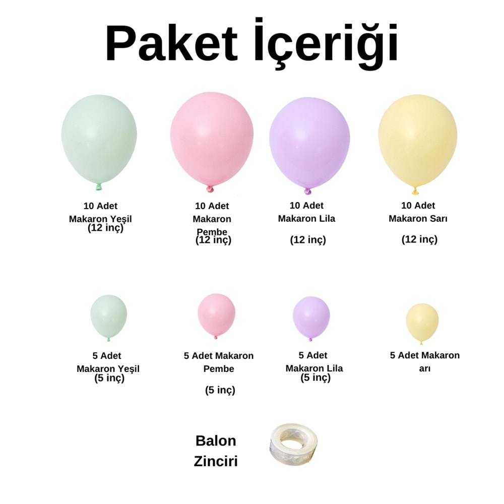 Balon Seti Makaron Yeşil-Pembe-Lila-Sarı 60 Lı Balon Zinciri Seti