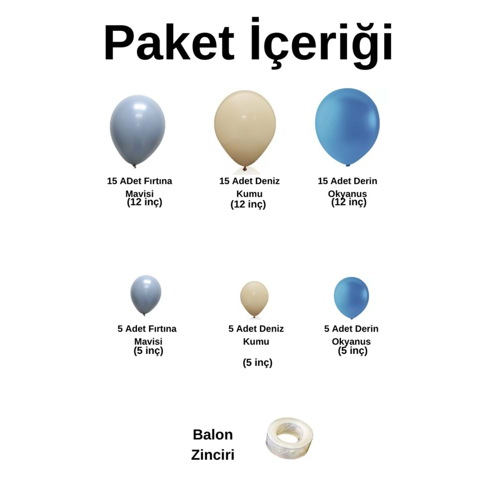 Balon Seti Derin Okyanus-Deniz Kumu-Fırtına Mavisi 60 Lı Balon Zinciri Seti