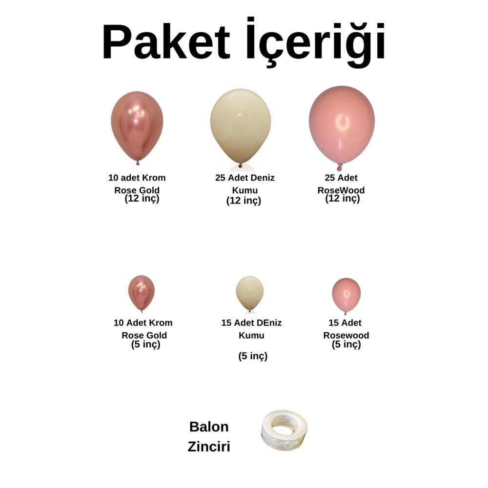 Balon Seti Rose Gold-Deniz Kumu-Rosewood 100 Lü Balon Zinciri Seti