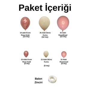 Balon Seti Rose Gold-Deniz Kumu-Rosewood 100 Lü Balon Zinciri Seti