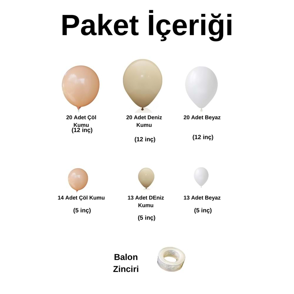 Balon Seti Fındık-Deniz Kumu-Beyaz 100 Lü Balon Zinciri Seti