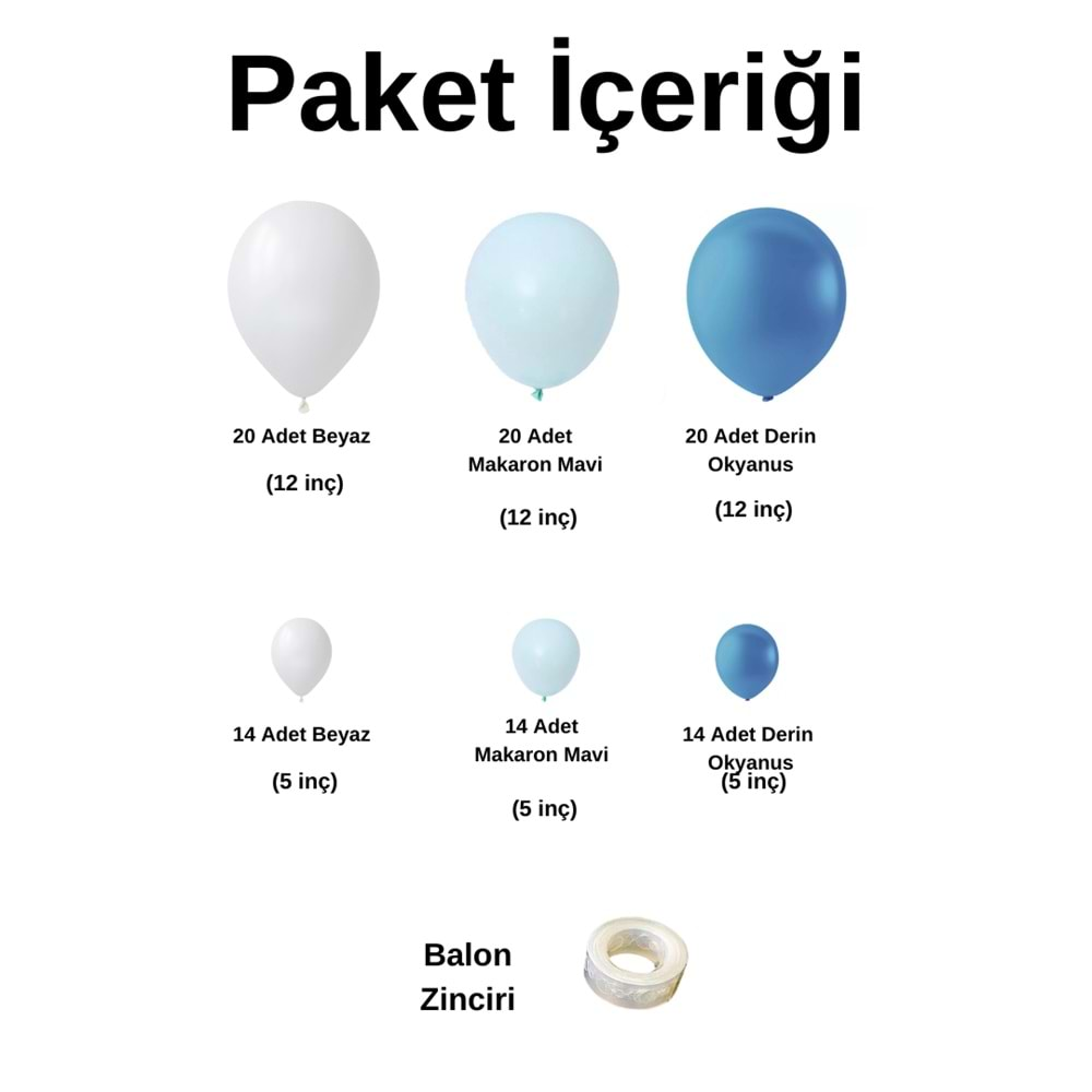 Balon Seti Beyaz-Makaron Mavi-Derin Okyanus 100 Lü Balon Zinciri Seti