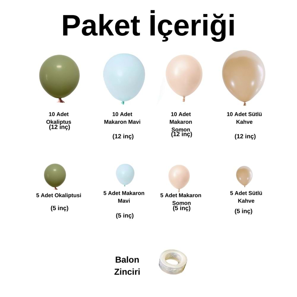 Balon Seti Okaliptus-Makaron Mavi-Makaron Somon-Sütlü Kahve 60 Lı Balon Zinciri Seti