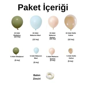 Balon Seti Okaliptus-Makaron Mavi-Makaron Somon-Sütlü Kahve 60 Lı Balon Zinciri Seti