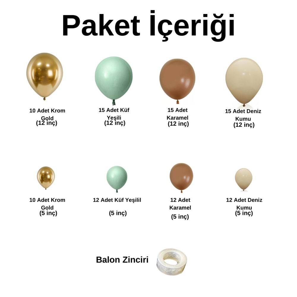 Balon Seti Küf Yeşili-Krom Gold-Karamel-Deniz kumu 100 Lü Balon Zinciri Seti