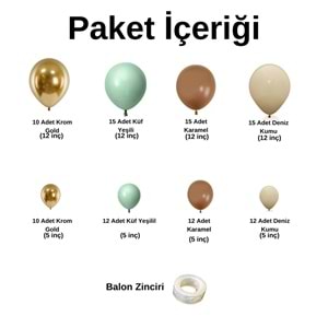 Zincir Balon Seti Küf Yeşili-Krom Gold-Karamel-Deniz kumu 100 Ad+Balon Şeridi