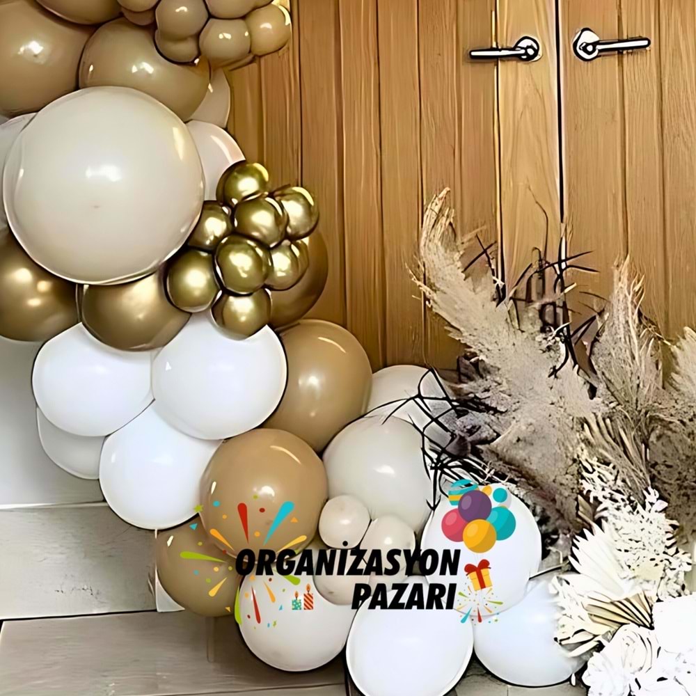 Balon Seti Krom Gold-Karamel-Deniz Kumu-Beyaz 100 lü Balon Zinciri Seti