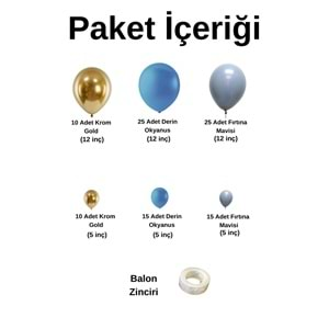 Balon Seti Krom Gold-Derin Okyanus-Fırtına Mavisi 100 Lü Balon Zinciri Seti