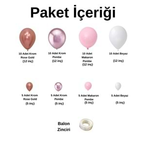 Zincir Balon Seti Krom Rose Gold-Krom Pembe-Makaron Pembe-Beyaz 60Adet+BalonŞeridi