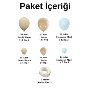 Balon Seti Deniz Kumu-Fındık-Makaron Mavi 100 lü Balon Zinciri Seti