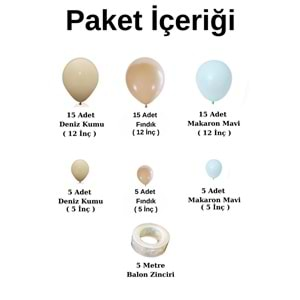 Balon Seti Deniz Kumu-Fındık-Makaron Mavi 60 Lı Balon Zinciri Seti