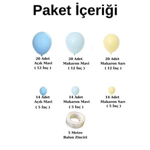 Balon Seti Açık Mavi-Makaron Mavi-Makaron Sarı 100 lü Balon Zinciri Seti