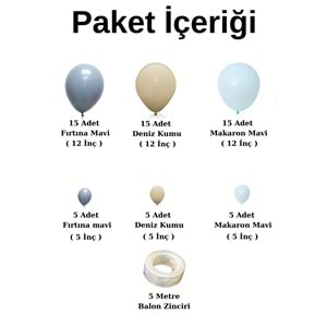 Balon Seti Fırtına Mavi-Deniz Kumu-Makaron Mavi 60 Lı Balon Zinciri Seti