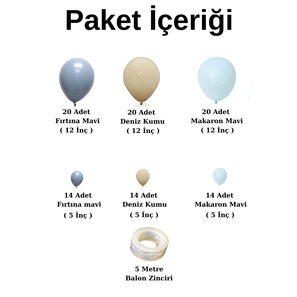 Balon Seti Fırtına Mavi-Deniz Kumu-Makaron Mavi 100 lü Balon Zinciri Seti