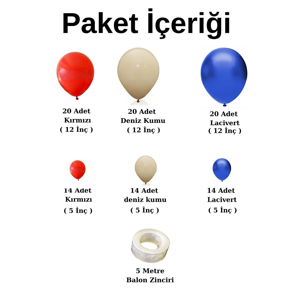 Balon Seti Kırmızı-Deniz Kumu-Lacivert 100 lü Balon Zinciri Seti