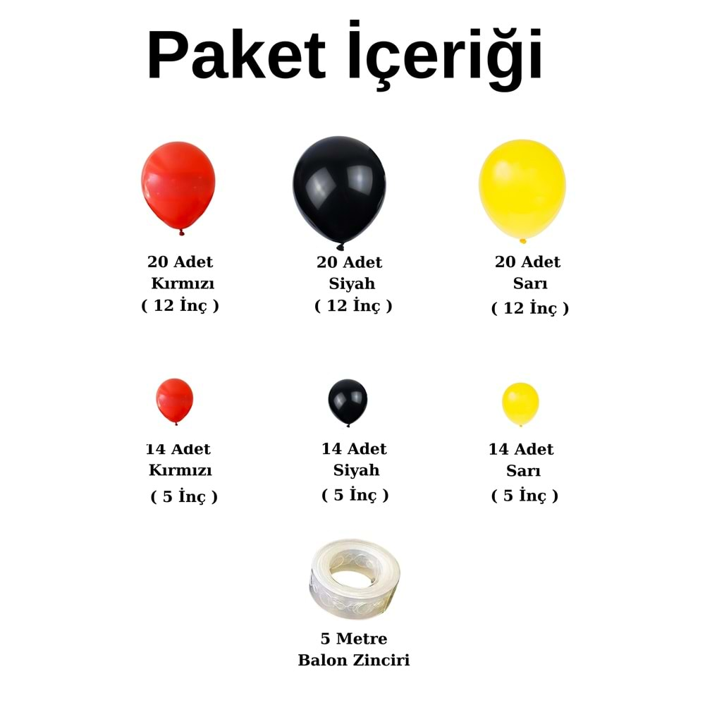 Balon Seti Kırmızı-Sarı-Siyah 100 lü Balon Zinciri Seti