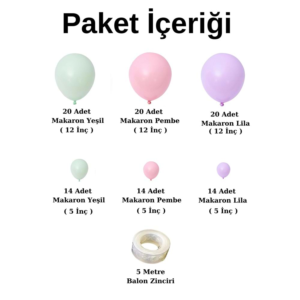 Balon Seti Makaron Yeşil-Makaron Pembe-Makaron Lila 100 lü Balon Zinciri Seti