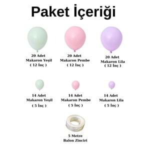 Balon Seti Makaron Yeşil-Makaron Pembe-Makaron Lila 100 lü Balon Zinciri Seti