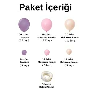 Balon Seti Lavanta-Makaron Somon-Makaron Pembe 100 lü Balon Zinciri Seti