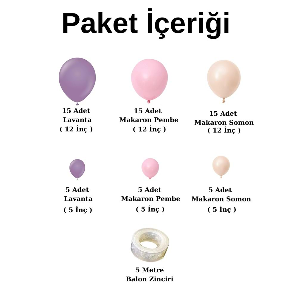 Balon Seti Lavanta-Makaron Somon-Makaron Pembe 60 Lı Balon Zinciri Seti