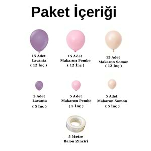 Balon Seti Lavanta-Makaron Somon-Makaron Pembe 60 Lı Balon Zinciri Seti