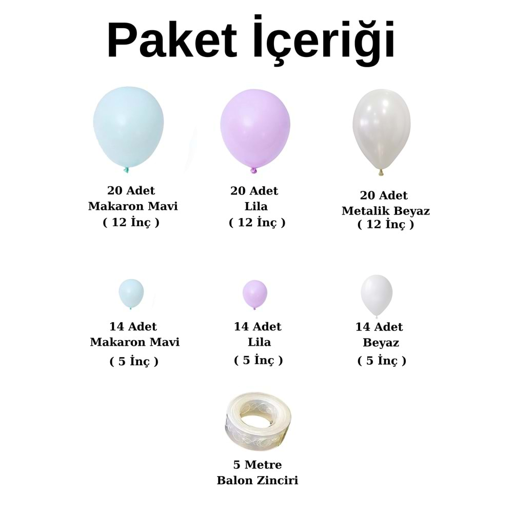 Balon Seti Makaron Mavi-Lila-Metalik Beyaz 100 lü Balon Zinciri Seti