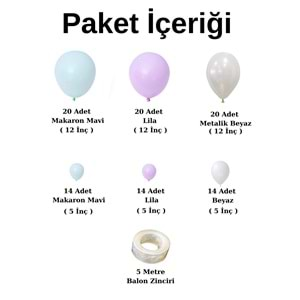 Balon Seti Makaron Mavi-Lila-Metalik Beyaz 100 lü Balon Zinciri Seti