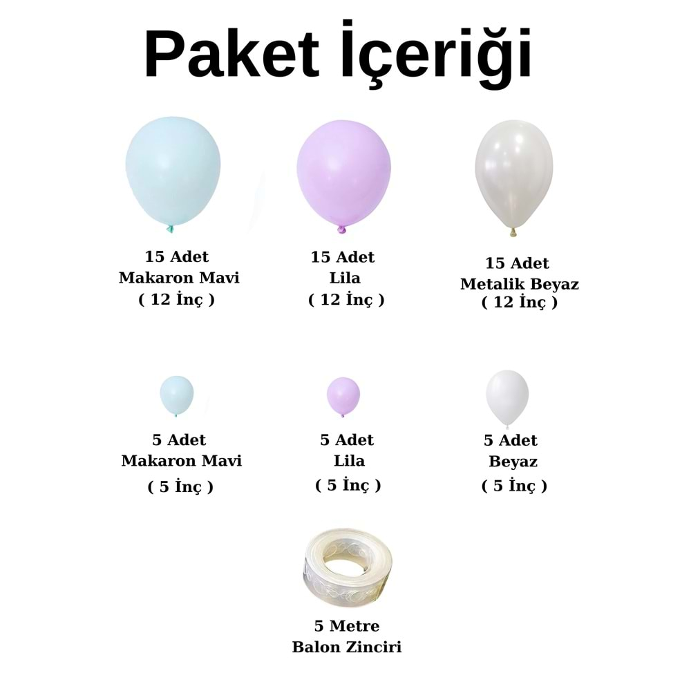 Balon Seti Makaron Mavi-Lila-Metalik Beyaz 60 Lı Balon Zinciri Seti