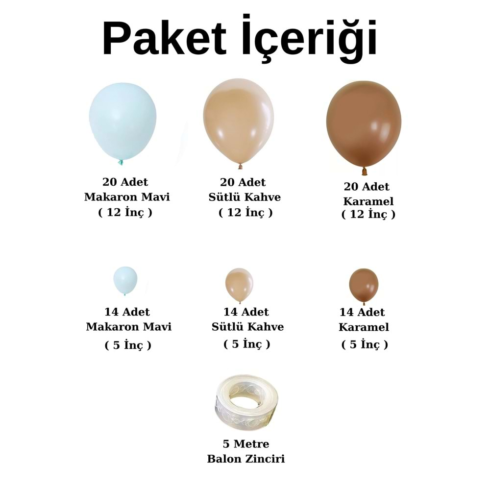 Balon Seti Makaron Mavi-Sütlü Kahve-Karamel 100 lü Balon Zinciri Seti