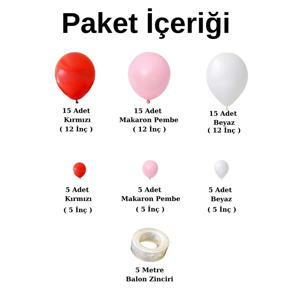 Balon Seti Makaron Pembe-Kırmızı-Beyaz 60 Lı Balon Zinciri Seti