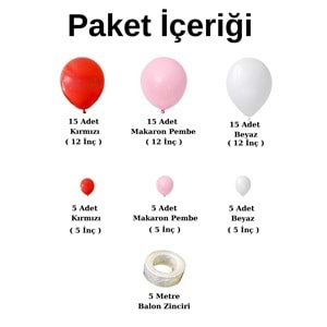 Balon Seti Makaron Pembe-Kırmızı-Beyaz 60 Lı Balon Zinciri Seti