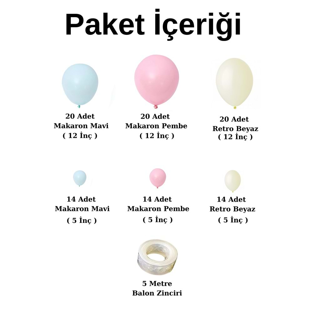 Balon Seti Makaron Pembe-Makaron Mavi-Retro Beyaz 100 lü Balon Zinciri Seti