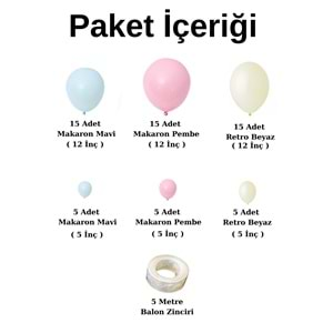 Balon Seti Makaron Pembe-Makaron Mavi-Retro Beyaz 60 Lı Balon Zinciri Seti