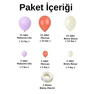 Balon Seti Mercan-Makaron Lila-Retro Beyaz 60 Lı Balon Zinciri Seti