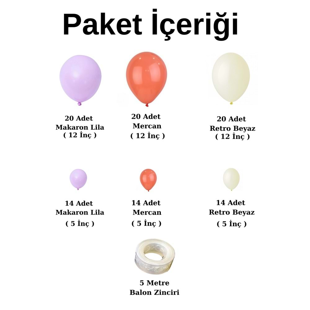 Balon Seti Mercan-Makaron Lila-Retro Beyaz 100 lü Balon Zinciri Seti