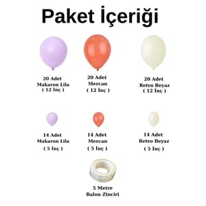 Balon Seti Mercan-Makaron Lila-Retro Beyaz 100 lü Balon Zinciri Seti