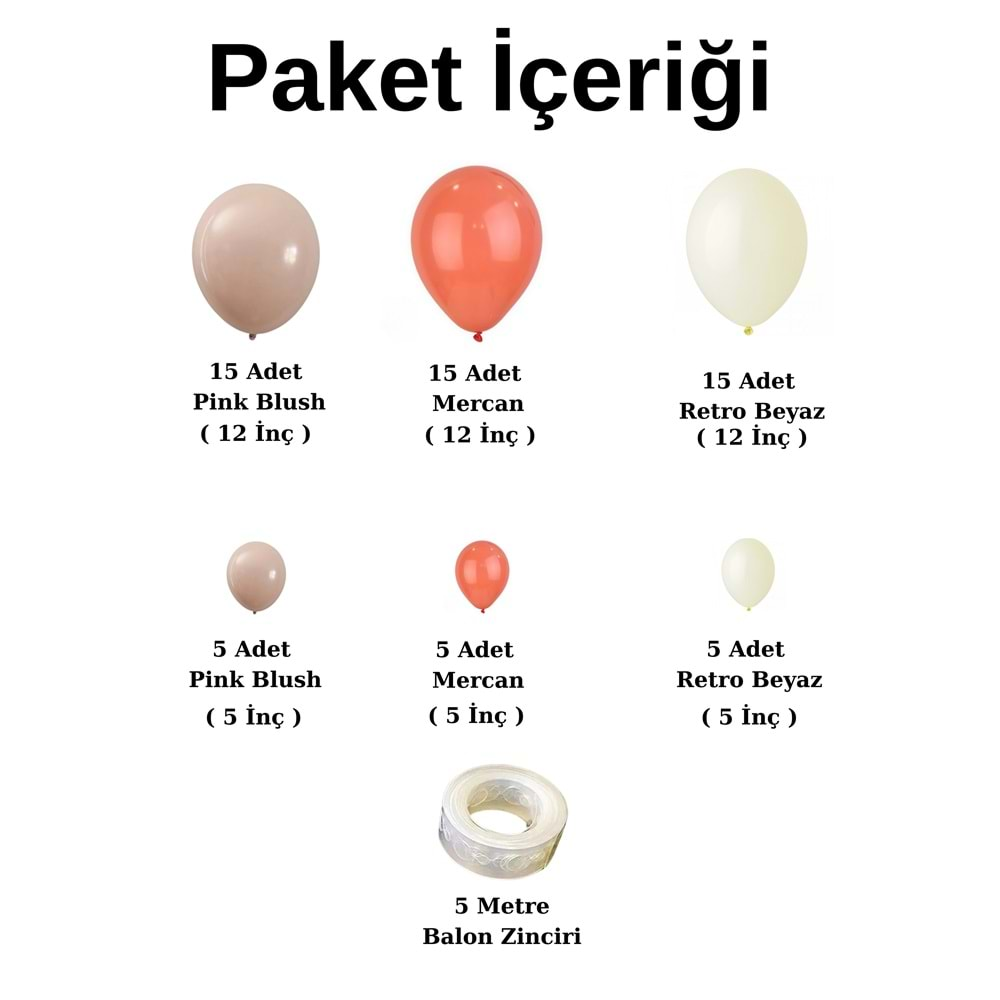 Balon Seti Retro Beyaz-Pink Blush-Mercan 60 Lı Balon Zinciri Seti