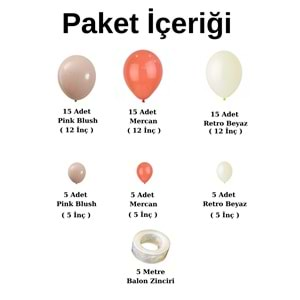 Balon Seti Retro Beyaz-Pink Blush-Mercan 60 Lı Balon Zinciri Seti