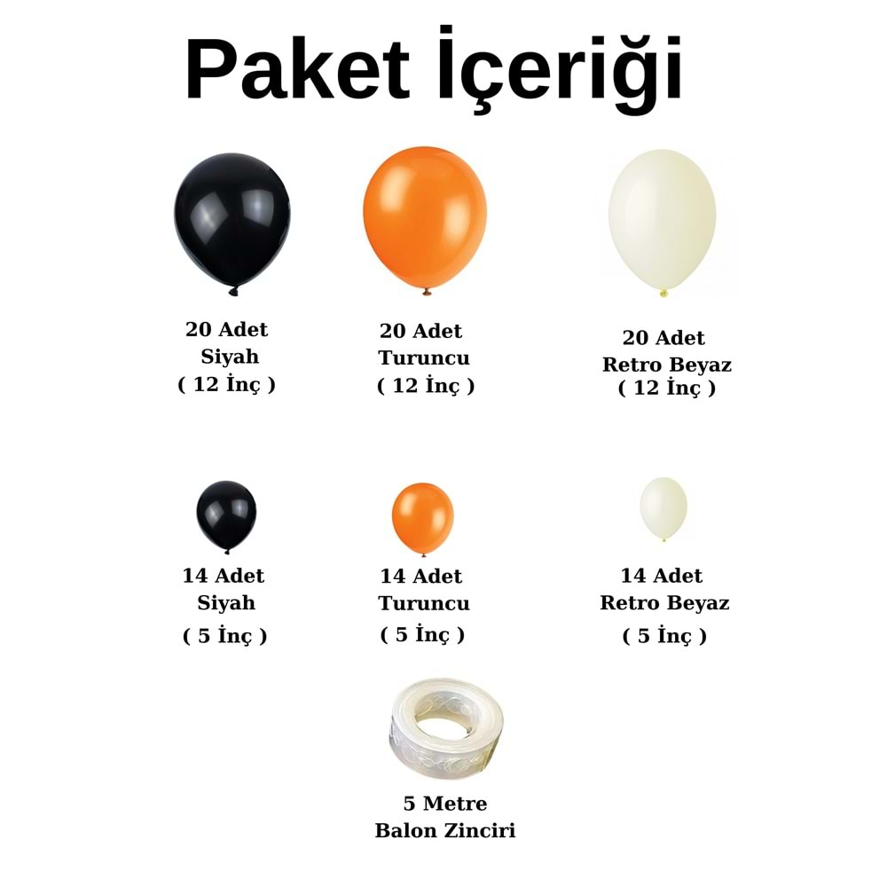 Balon Seti Siyah-Turuncu-Retro Beyaz 100 lü Balon Zinciri Seti