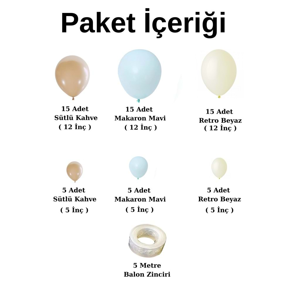 Balon Seti Sütlü Kahve-Makaron Mavi-Retro Beyaz 60 Lı Balon Zinciri Seti