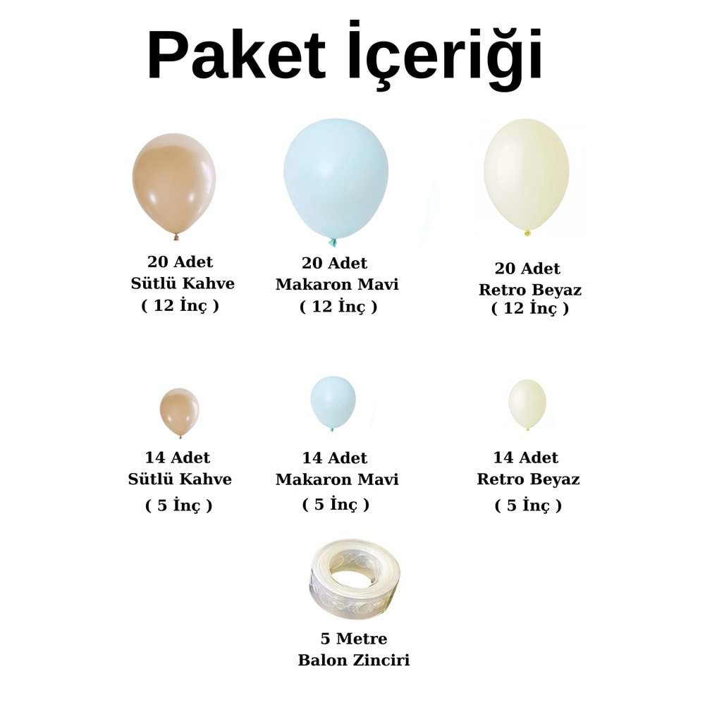 Balon Seti Sütlü Kahve-Makaron Mavi-Retro Beyaz 100 lü Balon Zinciri Seti