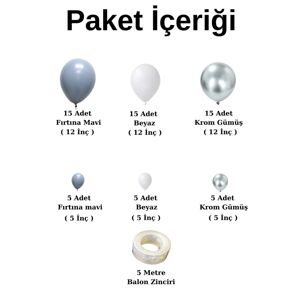 Balon Seti Fırtına Mavisi-Beyaz-Krom Gümüş 60 Lı Balon Zinciri Seti