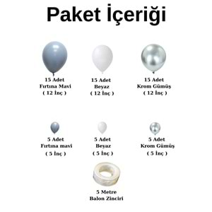 Balon Seti Fırtına Mavisi-Beyaz-Krom Gümüş 60 Lı Balon Zinciri Seti