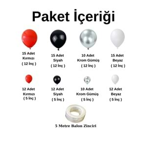 Balon Seti Kırmızı-Siyah-Krom Gümüş-Beyaz 100 Lü Balon Zinciri Seti