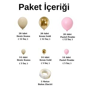 Balon Seti Krom Gold-Deniz Kumu-Pastel Pembe 100 Lü Balon Zinciri Seti