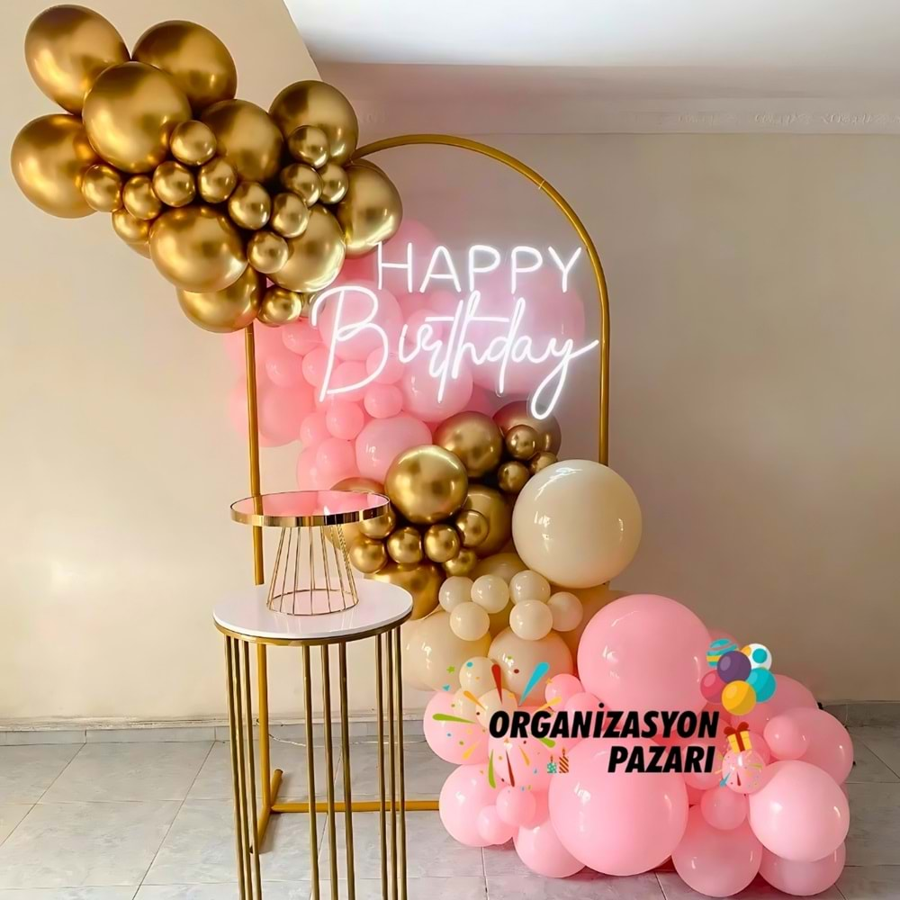 Balon Seti Krom Gold-Deniz Kumu-Pastel Pembe 60 Lı Balon Zinciri Seti